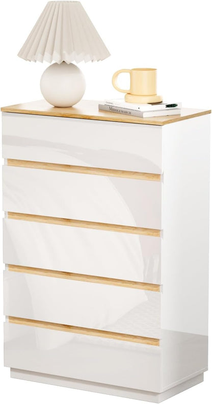 VINGLI 5 Drawer Dresser for Bedroom, 45" H Tall Dresser Chest of Drawers, High Gloss Wood Modern Storage Cabinet with Brown Top