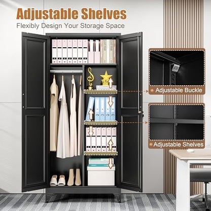 Metal Wardrobe Closet with Lock Doors and 3 Adjustable Shelves