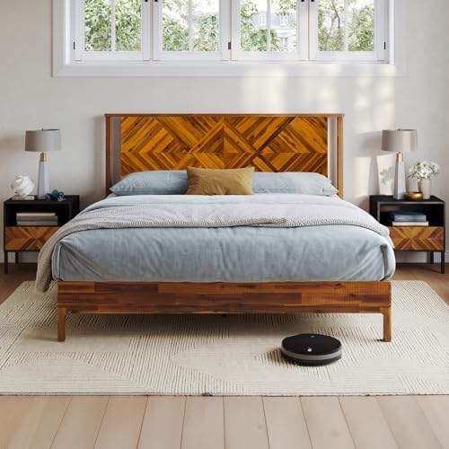 Bme Ethan King Size Bed Frame with Diamond Headboard, Rustic Mid Modern, Solid Acacia Wood, No Box Spring Needed, Slat Support, Rustic Caramel