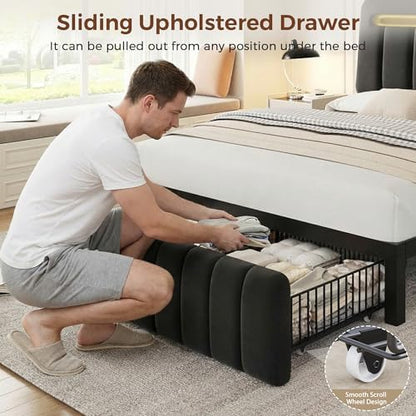 Jocoevol Queen Bed Frame with Storage Headboard,Upholstered Black Bed Frame Queen Size with Storage Drawers and Charging Station,Velvet Platform Metal Bed, Noise-Free, No Box Spring Needed