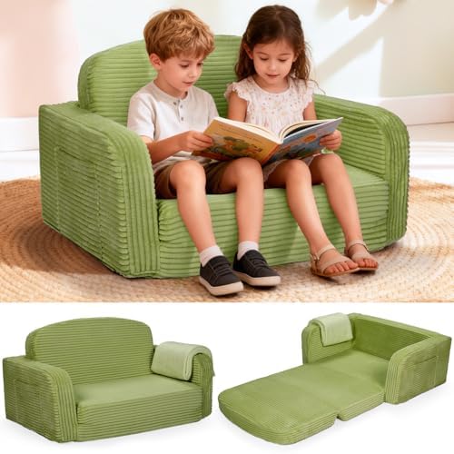 Extra Wide 2 in 1 Convertible Toddler Kids Couch - Corduroy Fold Out Kids Sofa Chair with Blanket, Comfy Comfortable Toddler Chair, Machine-Washable Cover, for Boys Girls, Green