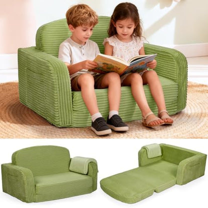 Extra Wide 2 in 1 Convertible Toddler Kids Couch - Corduroy Fold Out Kids Sofa Chair with Blanket, Comfy Comfortable Toddler Chair, Machine-Washable Cover, for Boys Girls, Green