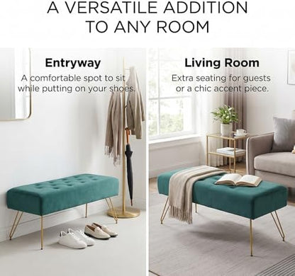 Velvet Button-Tufted Entryway Bench, 39.37" Modern Upholstered Bedroom Bench with Gold Metal Legs, Padded Rectangular End of Bed Bench for Living Room, Dining Room (Blackish Green)