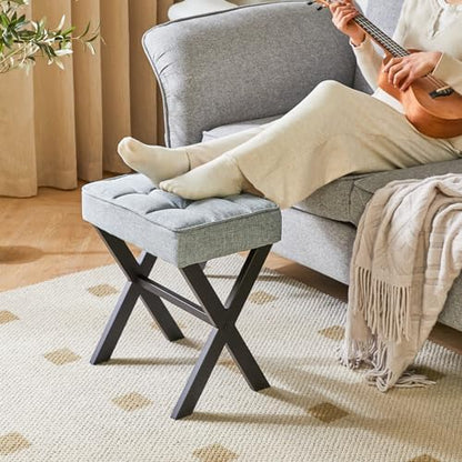 IBUYKE Square Makeup Stool with X-Leg, Linen Vanity Chair, Blue Gray LG-70L