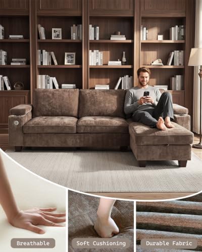 100" L Shaped Sectional Sofa with Hidden Armrest Storage, USB & Type-C Charging Ports, 4-Position Adjustable Armrests, Built-in Cup Holders, Upholstered Couch for Living Room, Brown