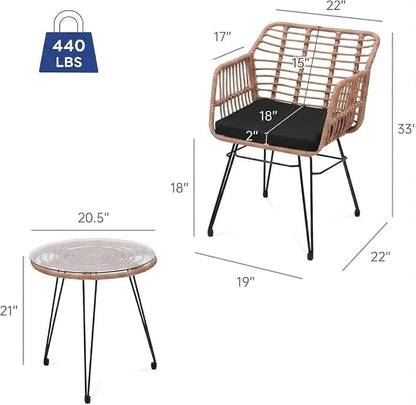 3-Piece Patio Furniture Set, Wicker Bistro Set with 2 Cushioned Rattan Armchairs and Glass Top Coffee Table, Small Conversation Set for Balcony, Porch, Backyard, Natural/Black
