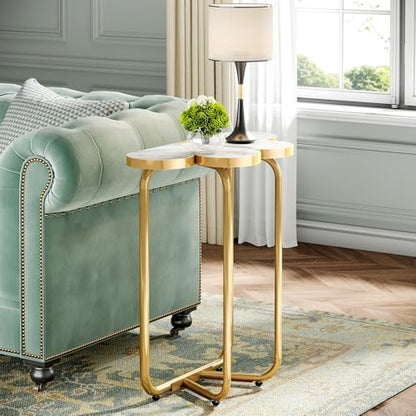Tribesigns Narrow Side Table, Half-Flower Accent Side Table with Stylish Gold Frame, White and Gold End Tables, 26-Inch Tall Faux Marble Nightstand for Bedroom