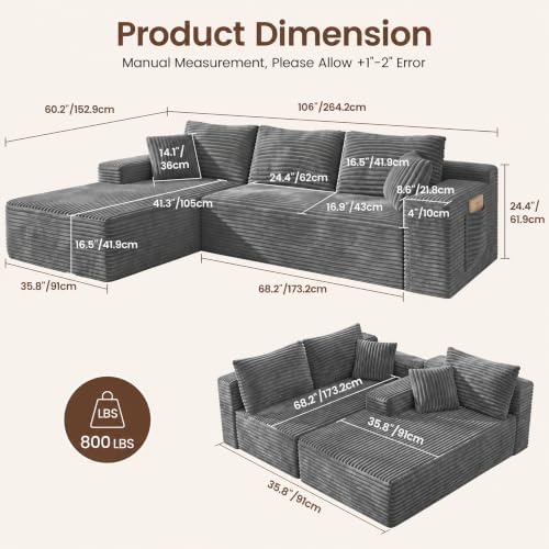 WINBOY 106" L Shaped Boneless Couches for Living Room, Comfy Modular Deep Seat Compressed Corduroy Sofawith Side Pocket,Grey, Left Facing Chiase