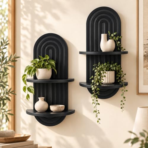 Boho Wall Decor Plant Floating Shelf for Wall (23.6in 2PCS Black)