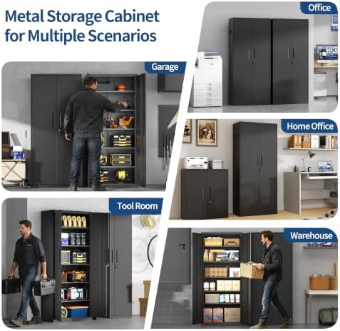 Metal Storage Cabinet with Lock,71” Garage Storage Cabinets with 2 Doors and 5 Adjustable Shelves,Steel Tool Cabinets Locking Metal Cabinet for Home,Office,Warehous,Industria(Black)