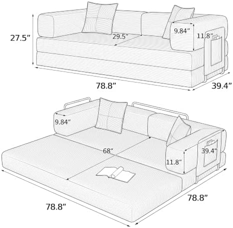 Green Corduroy Convertible Sofa Bed, No Assembly, Removable Backrest & Arms