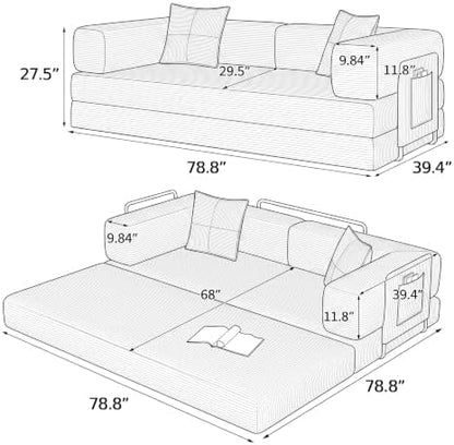 Green Corduroy Convertible Sofa Bed, No Assembly, Removable Backrest & Arms