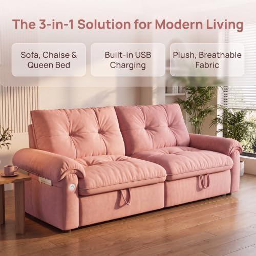 77" Convertible Queen Sofa Bed with USB Port & Side Pockets, Pink