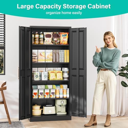SISESOL 71" Tall Storage Cabinet with 2 Door and 5 Shelves, Wide & Deep Kitchen Pantry Cabinet,Black Metal Cabinets,Large Cupboard for Home,Kitchen,Laundry