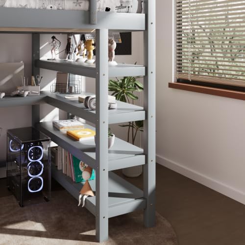 Merax Wood Loft Bed with Desk : Full Size Loft Bed with 4-Storage Shelves and Under Bed Desk Solid Wood Bed, Grey