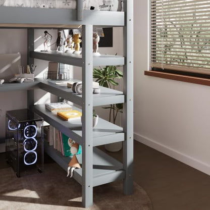 Merax Wood Loft Bed with Desk : Full Size Loft Bed with 4-Storage Shelves and Under Bed Desk Solid Wood Bed, Grey