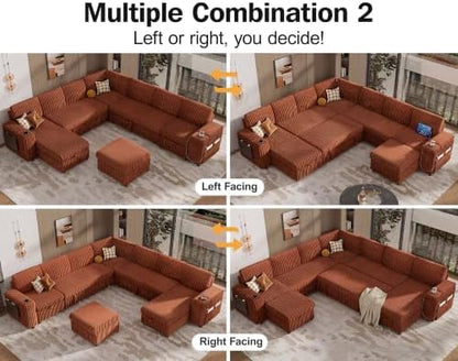 Vipbear 130" Modular Sectional Sleeper Sofa with Pull Out Bed, 9 Seat Corduroy L Shaped Couch with Ottoman and Chaise|USB Ports|Cup Holders|Side Table, Tool Free Assembly, Orange