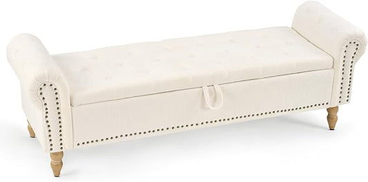 Furniliving 63” End of Bed Storage Bench, Bedroom Bench with Button-Tufted, Upholstered Storage Ottoman Benches Window Bench with Storage, Chenille Bench for Living Room, Entryway, Beige