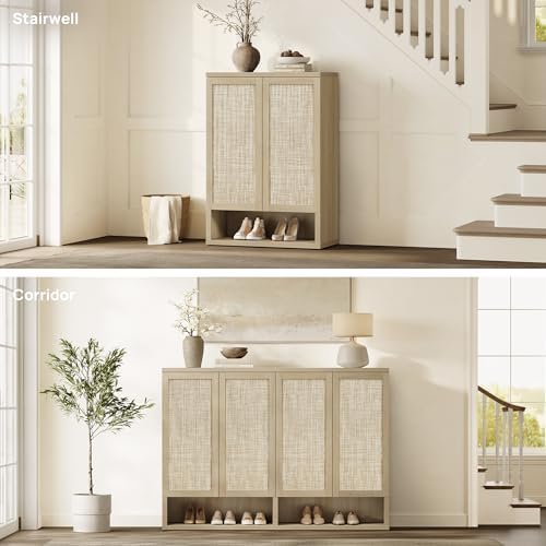 SICOTAS 96.8" Wide Tall Rattan Shoe Storage Cabinet for Entryway with Doors
