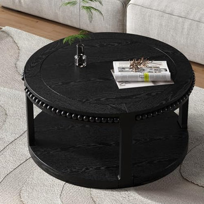 Round Wood Coffee Table, Farmhouse Rustic Circle Coffee Tables, 2-Tier Solid Wood Coffee Table for Living Room Apartment Office-31.5'' Black