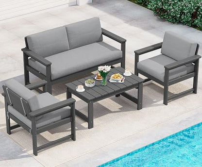 SERWALL 4 Pieces HDPE Outdoor Conversation Sofa Set with Cushions