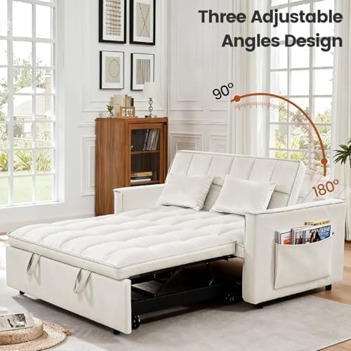 3 in 1 Convertible Sofa Bed, Loveseat Sleeper Sofa with Large Side Pockets, Pull Out Couch with Adjustable Backrest, Easy Assembly, Velvet Couch Bed for Small Spaces, Apartment, White