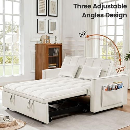 3 in 1 Convertible Sofa Bed, Loveseat Sleeper Sofa with Large Side Pockets, Pull Out Couch with Adjustable Backrest, Easy Assembly, Velvet Couch Bed for Small Spaces, Apartment, White