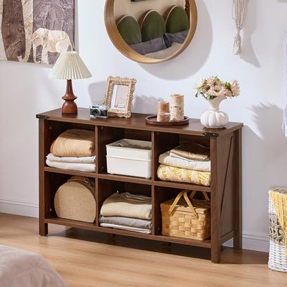 Joaxswe Farmhouse 6 Cube Book Shelf, Wood 3 Tier Storage Organizer Bookshelf, Brown Walnut 47" Horizontal Cubby Bookcase with Legs, Rustic Entryway Book Case, Long Display Cabinet for Bedroom, Office