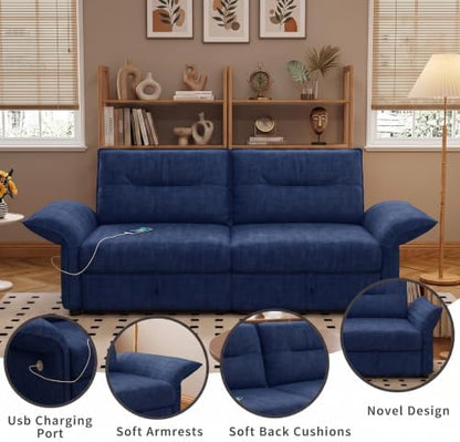 85" Convertible Queen Pull Out Sleeper Sofa Bed with USB Port, Blue
