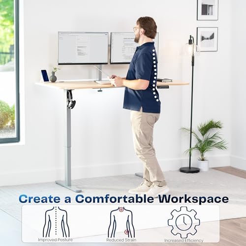 VIVO Electric Standing Desk, Smooth 3-Piece 63" x 32" Light Wood Top