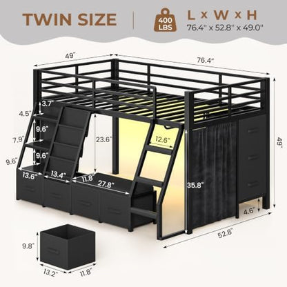 MSmask Low Loft Bed Twin with 7 Storage Drawers & Reading Nook, Black