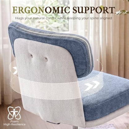 COMHOMA Home Office Desk Chairs with Ergonomic Curved Backrest, Mid Century Modern Vanity Chair with Wheel for Bedroom, Chenille Upholstered, Blue