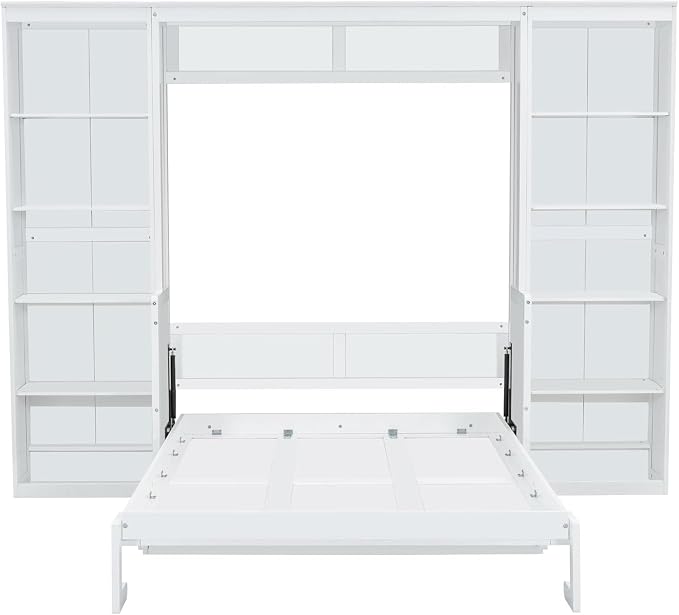 MERITLINE Full Murphy Bed with Desk and Storage Shelves, Wood Murphy Wall Bed Cabinet with with Storage Cabinet Vertical Units