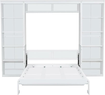 MERITLINE Full Murphy Bed with Desk and Storage Shelves, Wood Murphy Wall Bed Cabinet with with Storage Cabinet Vertical Units
