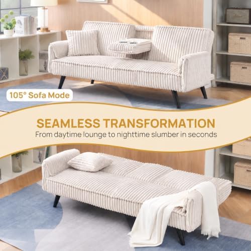 Corduroy Convertible Sofa Bed, Futon Couch with Cup Holders, White
