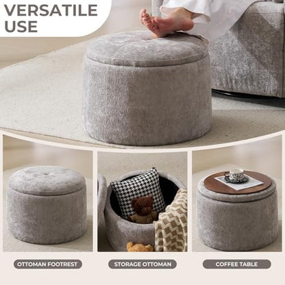 Modern Round Storage Ottoman with Reversible Tray Lid,Chenille Ottoman Foot Stools, Ottoman Footstool with Hidden Storage, Storage Ottoman for Living Room, Multi-Functional Footrest,Light Grey