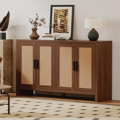 Rattan Buffet Cabinet with Storage, Sideboard Cabinet with Doors and Adjustable Shelves, Farmhouse Coffee Bar Station Table, Modern Wood Cupboard for Kitchen, Livingroom, Walnut
