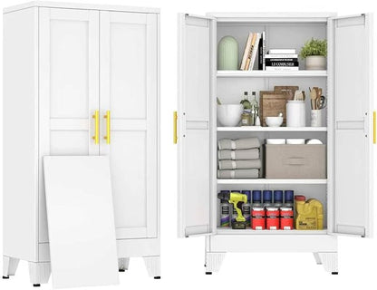 47" White Metal Storage Cabinet with 2 Doors and 3 Adjustable Shelves,Steel Garage Tool Cabinet, File Cabinet,Kitchen Pantry Cabinet for Home,Office,Garage,School,Warehouse