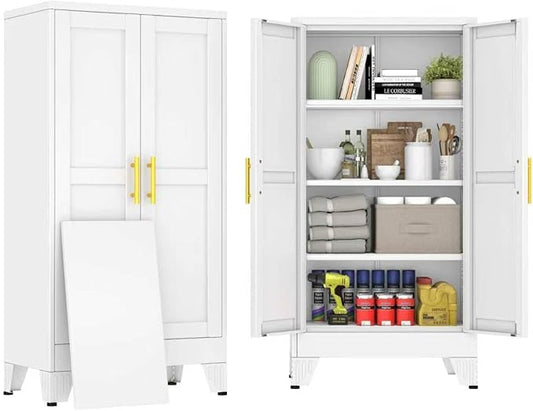47" White Metal Storage Cabinet with 2 Doors and 3 Adjustable Shelves,Steel Garage Tool Cabinet, File Cabinet,Kitchen Pantry Cabinet for Home,Office,Garage,School,Warehouse