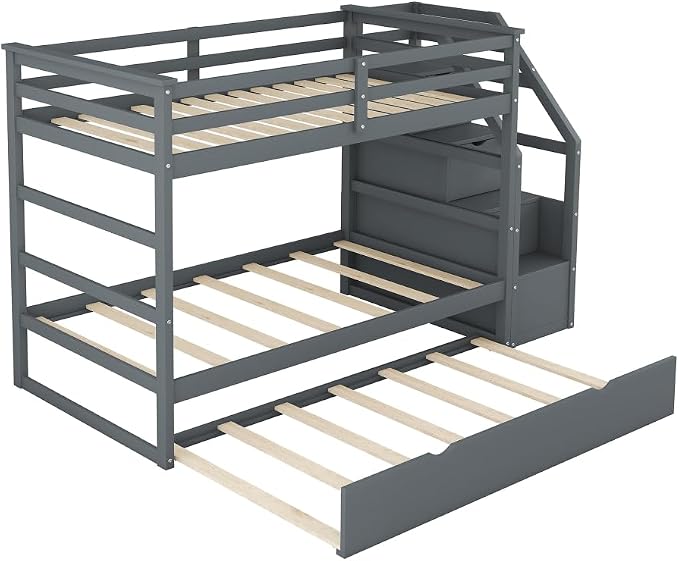 MERITLINE Twin Over Twin Bunk Beds with Trundle and Storage Box, Solid Wood Bunk Bed with Stairs and Storage Case for Teens Adults (Gray + Solid Wood)