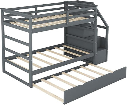 MERITLINE Twin Over Twin Bunk Beds with Trundle and Storage Box, Solid Wood Bunk Bed with Stairs and Storage Case for Teens Adults (Gray + Solid Wood)