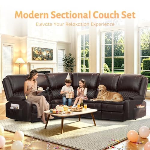 Upgraded 5 Seater Reclining Sofa Set, Modern Living Room Couch (Pu,Brown)