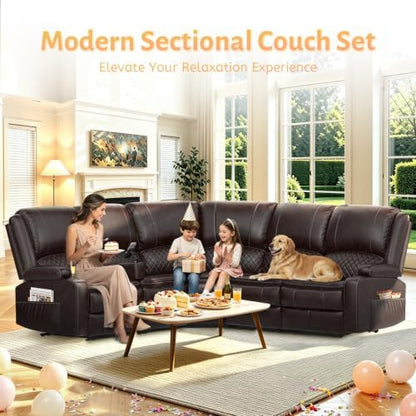 Upgraded 5 Seater Reclining Sofa Set, Modern Living Room Couch (Pu,Brown)
