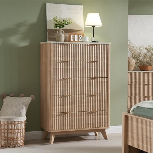 T4TREAM 48" Tall Fluted 5 Drawer Dresser for Bedroom, Natural Oak