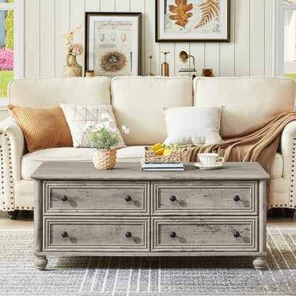 RWYHG 48" Farmhouse Grey Coffee Table, Center Table with 4 Drawers