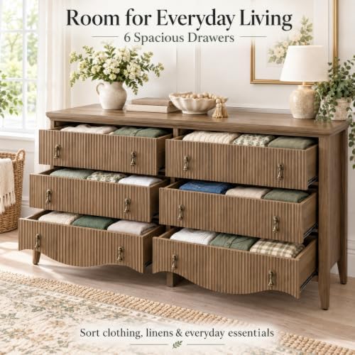 6-Drawer Fluted Dresser, 52" Wide Double Chest of Drawers,Light Oak