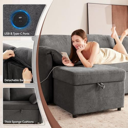 Tbfit 80" Sofa Bed, Pull Out Sleeper Sofa with USB & Storage Chaise for Small-Space Living, Dark Gray