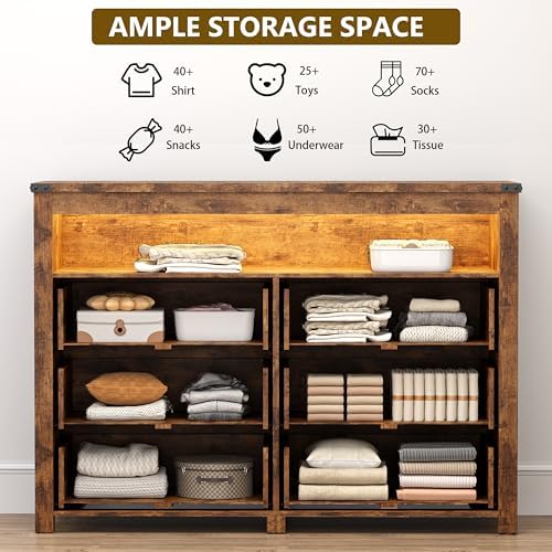 Dresser for Bedroom with 6 Drawers, LED Lights, Power Outlet, Brown