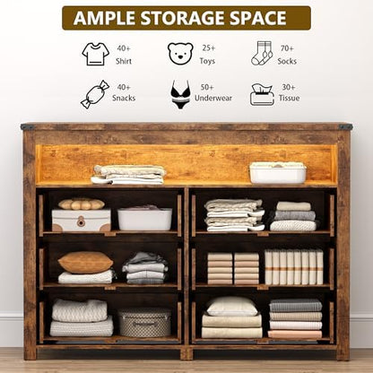 Dresser for Bedroom with 6 Drawers, LED Lights, Power Outlet, Brown