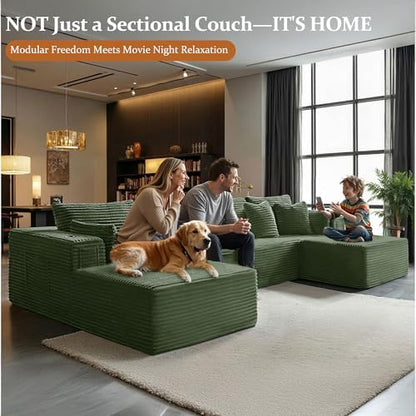 138" Cloud Sectional Couch, Comfort U Shaped Boneless Couch for Living Room, Extra Deep Seats No Assembly, Minimalist Modular Sofa, Corduroy (Olive Green, 3 Seater+Left Facing Chaise+Ottoman)